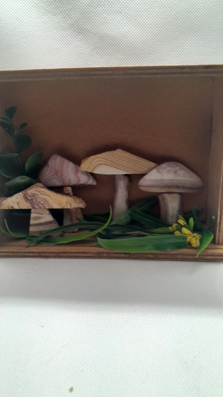 New Handcrafted Wonderstone (Banded Rhyolite) Fairy Toadstools In A Shadow Box.