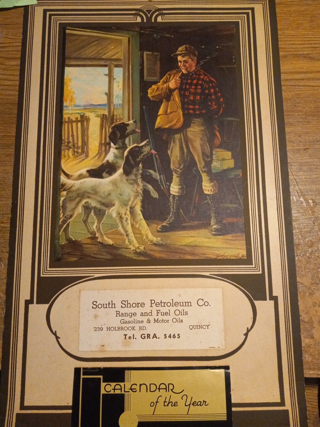 1941 calendar South Shore Petroleum Co. Quincy,Ma. hunting dogs  cabin