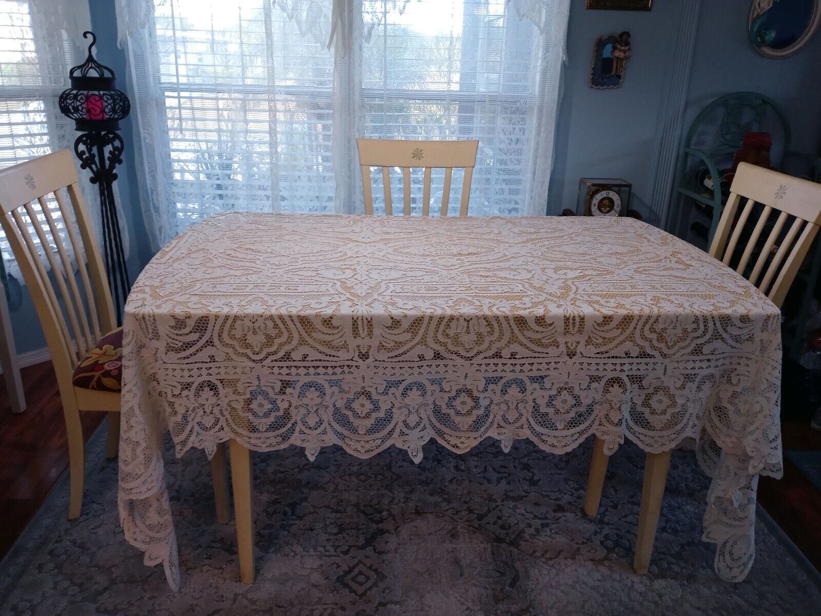 Antique 1930\'s Beige Lace Cotton Large Rectangle Floral Tablecloth 102\