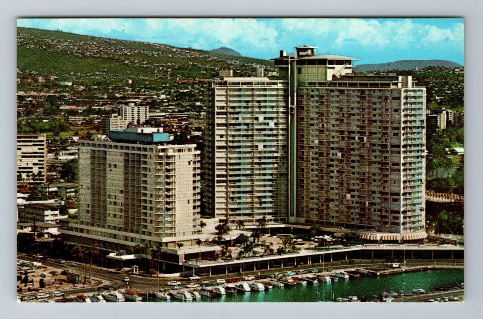 Honolulu HI-Hawaii Ilikai Hotel Overlooks Yacht Harbor Antique Vintage Postcard