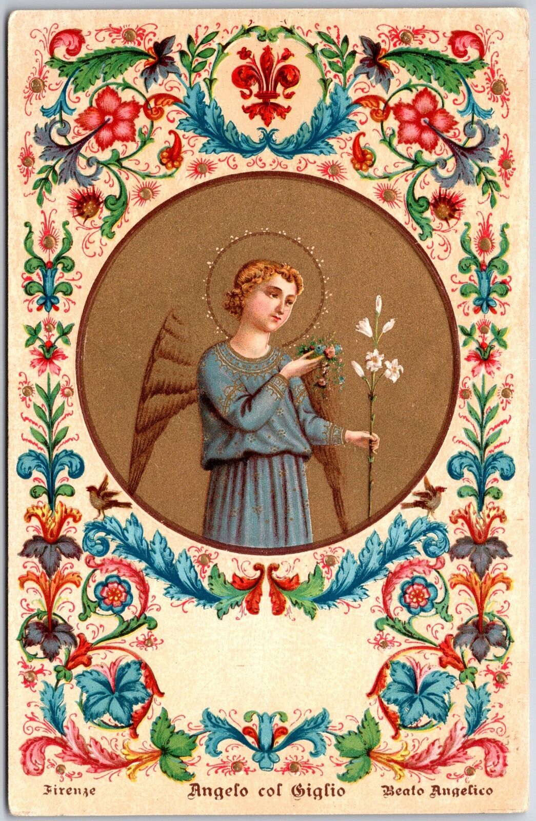 Angel Religious Portrait Angelo col Giglio Flower Designs Postcard