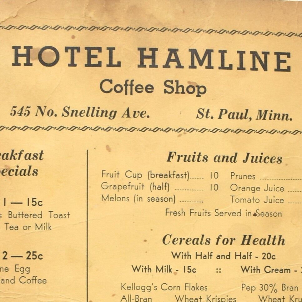 1940s Hotel Hamline Coffee Shop Menu 545 North Snelling Avenue St Paul Minnesota