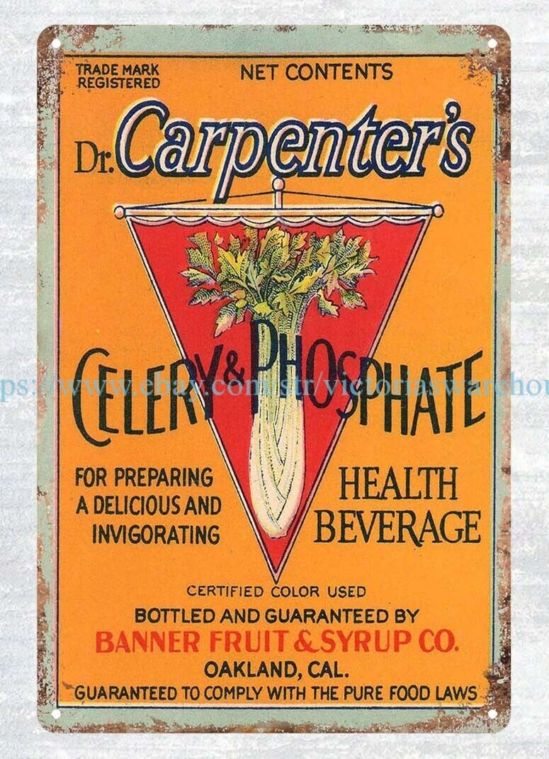 garage themed 1915 Dr Carpenter\'s Celery of Phosphate Oakland CA metal tin sign