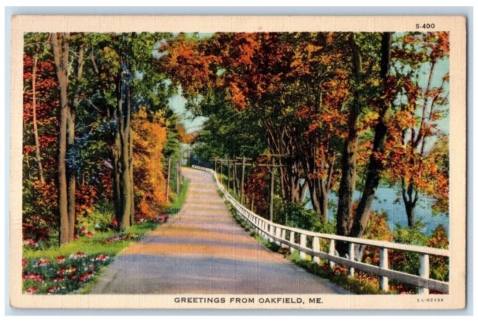1941 Greetings From Oakfield Maine ME, Road And Trees View Vintage Postcard