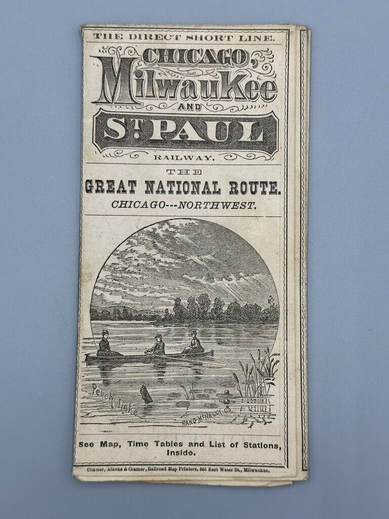 1876 CHICAGO MILWAUKEE & ST PAUL RAILWAY Railroad MAP & TIMETABLE Advertising