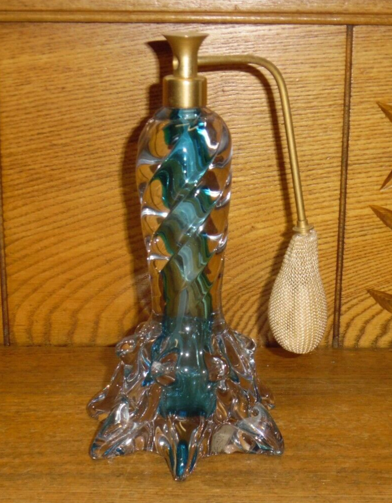 French Blue Art Glass Atomizer Perfume Bottle - Squeezer Is Hard