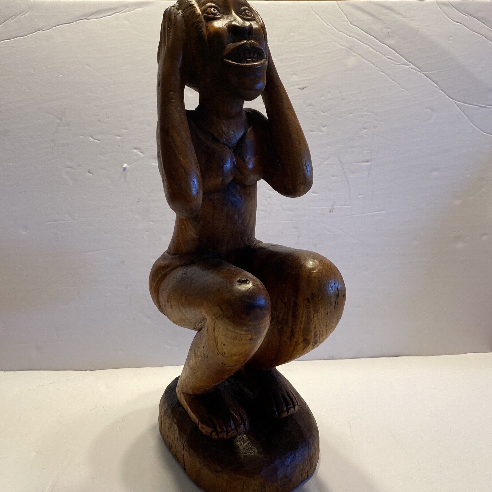 Vintage Detailed Hand Carved Wooden Brown. Squatting Woman Solid On known Wood..