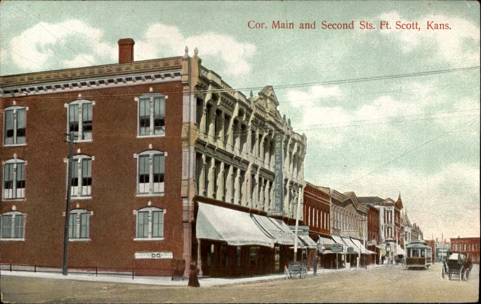 Fort Scott Kansas Main & Second St ~ trolley ~ c1910 vintage postcard