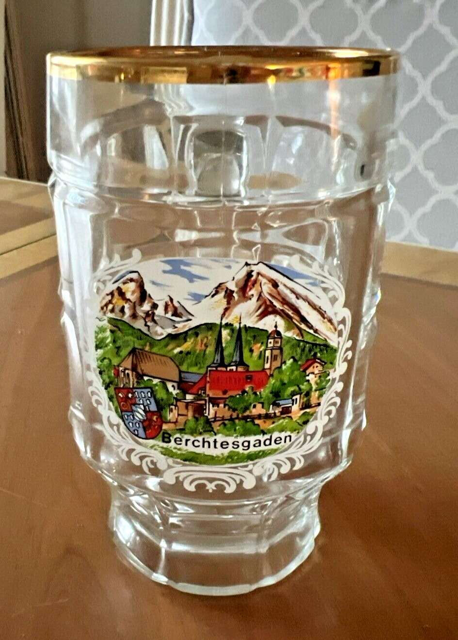 Vintage Berchtesgaden German Glass Beer Mug w/ Gold Rim Germany