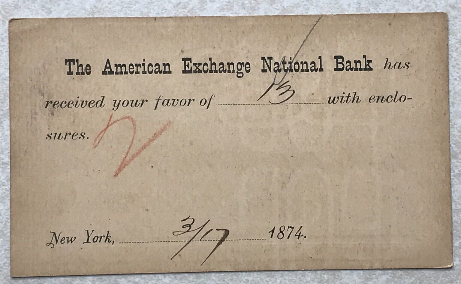 K4 Postcard Postal Card The American Exchange National Bank 1874 NY New York