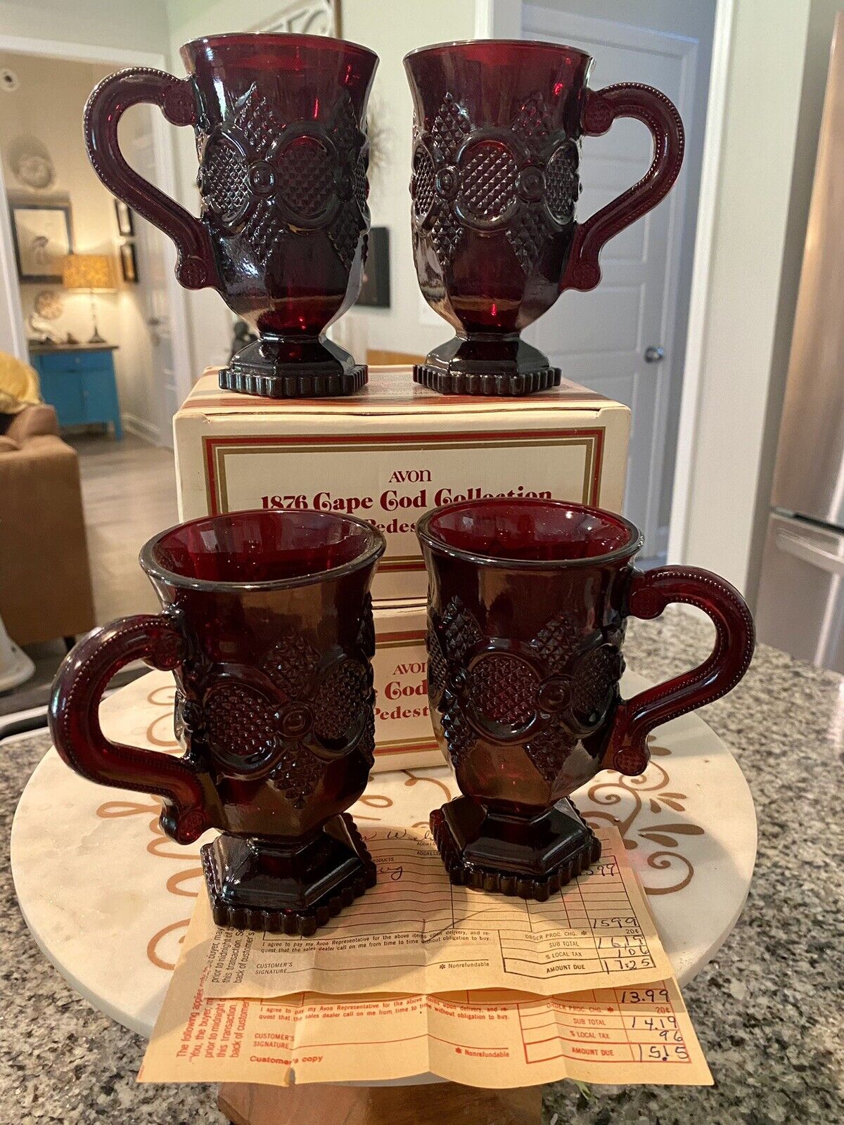 Avon 1876 Cape Cod Collection 4 Red Glass Pedestal Mugs In Box W/old Receipt