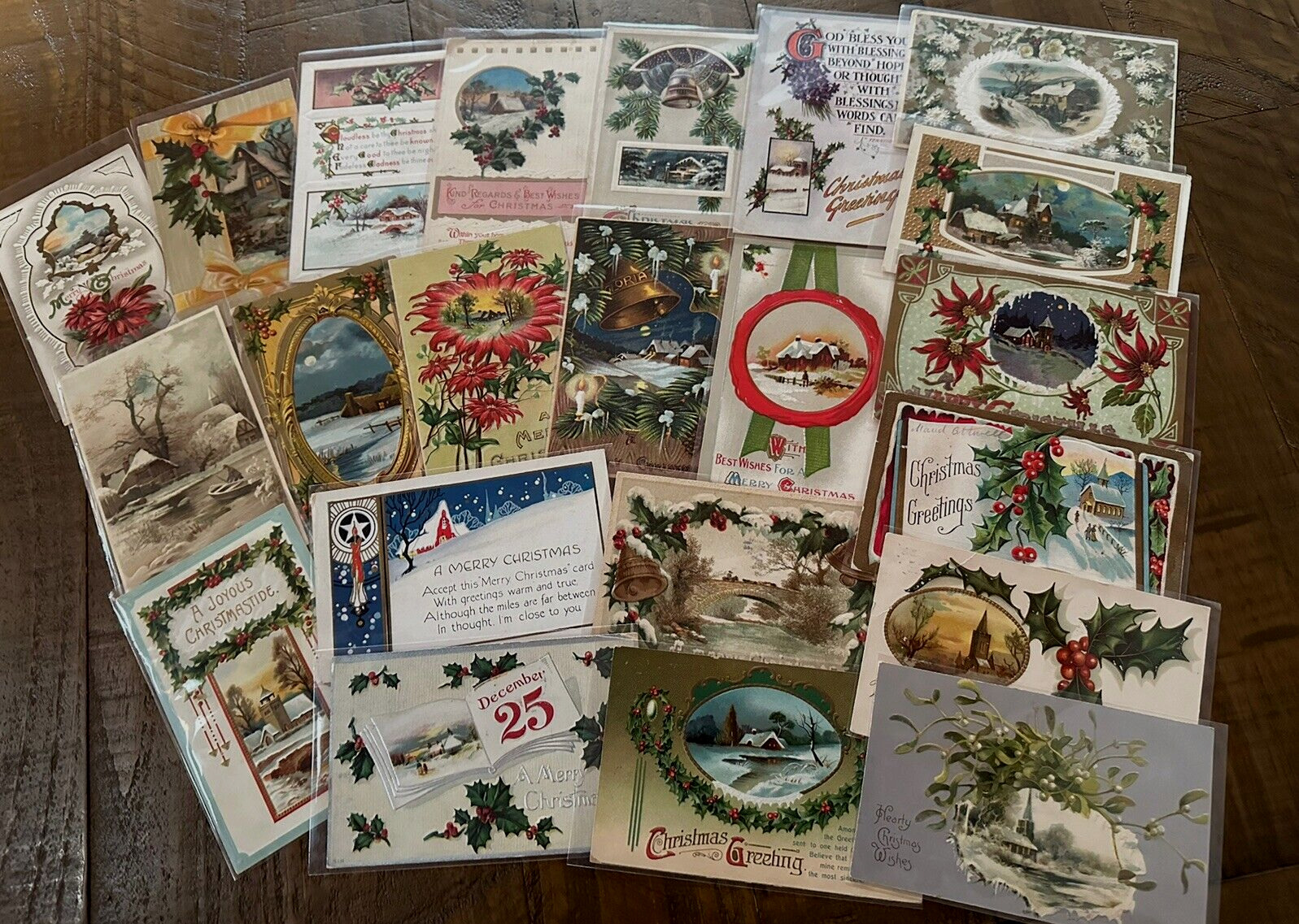 Lot of 22 Vintage~Christmas Postcards with Snowy Cottage & Church~Scenes-k329