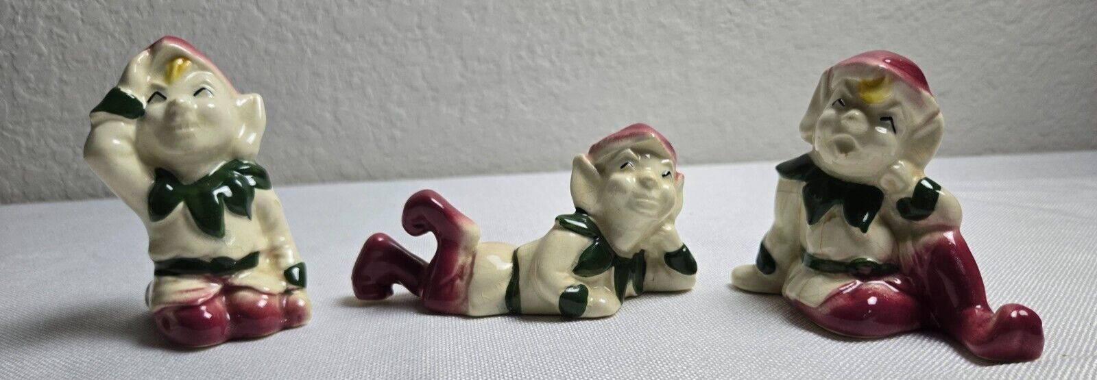 3 PC Vintage McCoy Elf Pixie Figurines Ceramic Red and Green