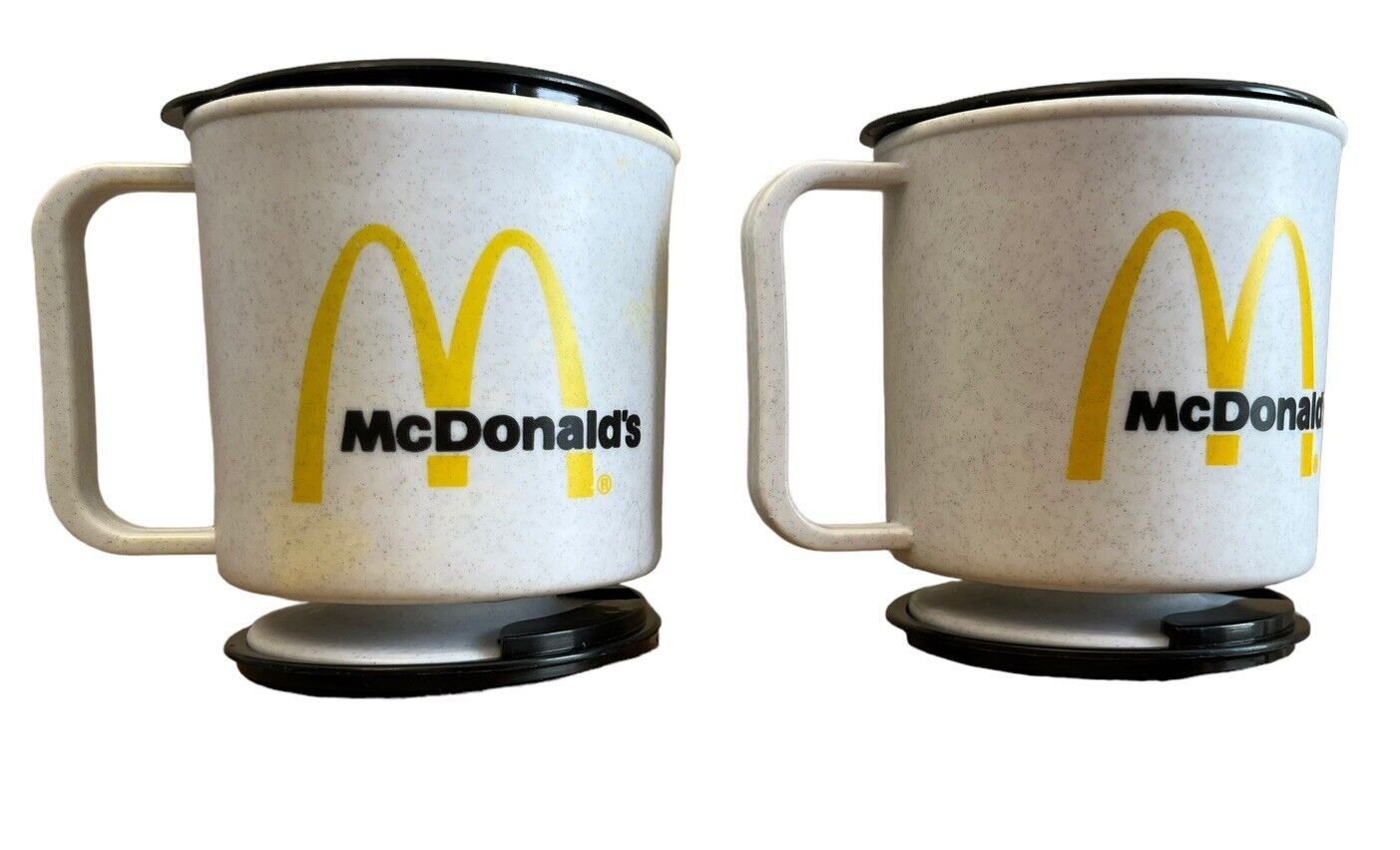 Vintage McDonald\'s Coffee Travel Mug Plastic Cups  Set of 2 W Lids Base 12 oz