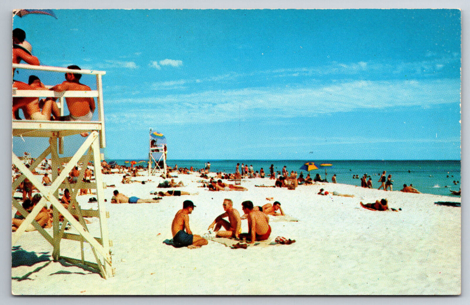 Vintage Postcard FL Pensacola Beach Men Sunbathers Chrome ~10052
