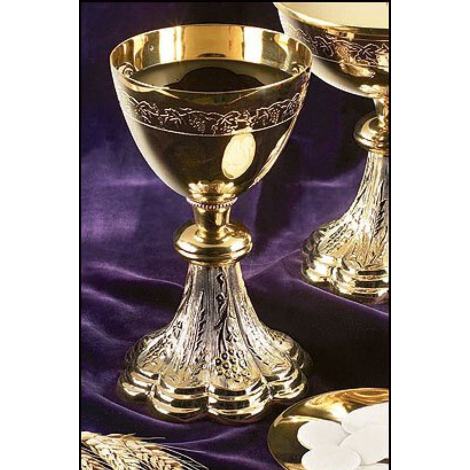 Orthodox Gold Plate Ornate Grapes and Wheat Chalice and Paten Set 8 1/2 In
