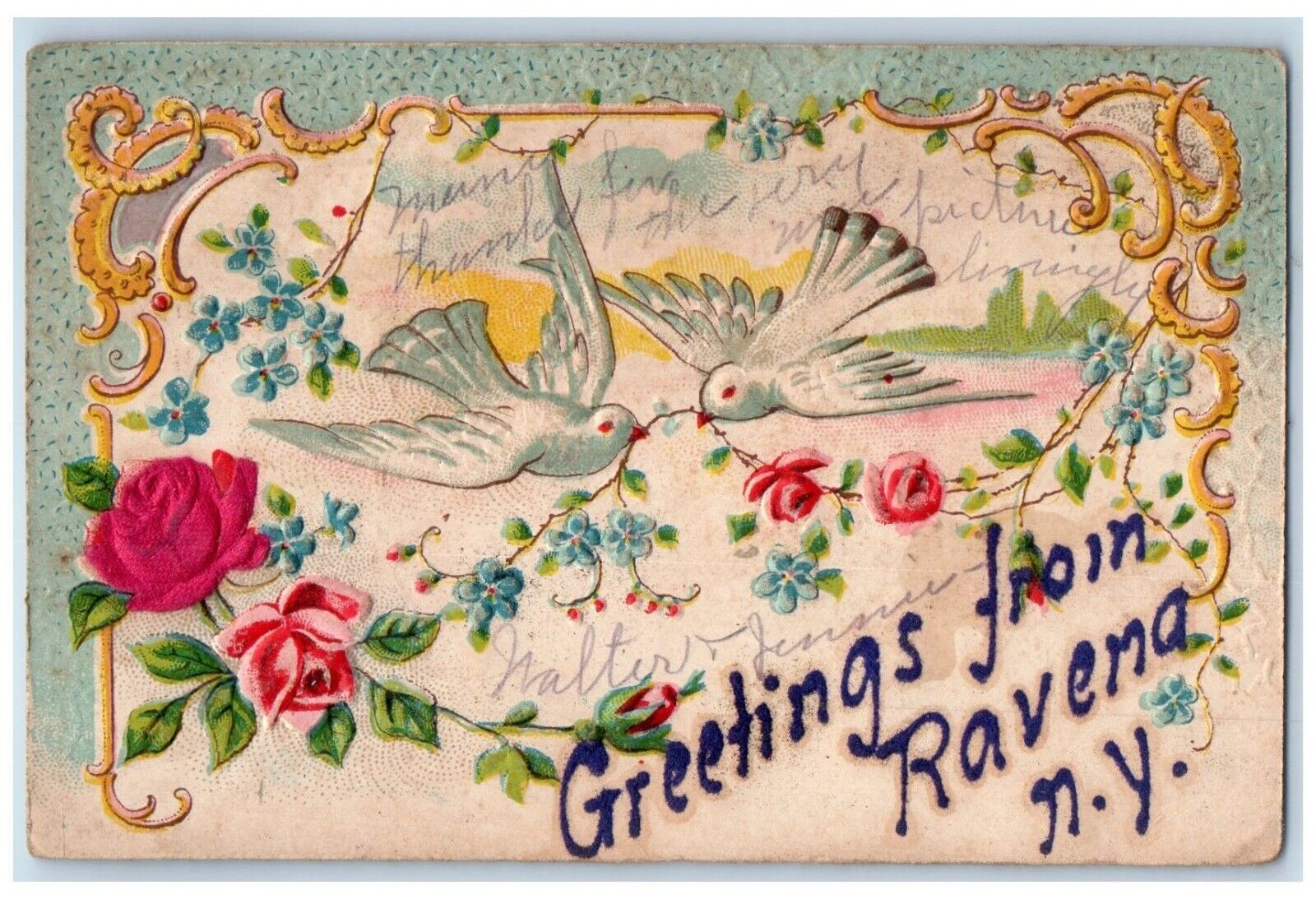 1907 Greetings From Ravena NY Grapeville Dove Flowers Embossed Antique Postcard