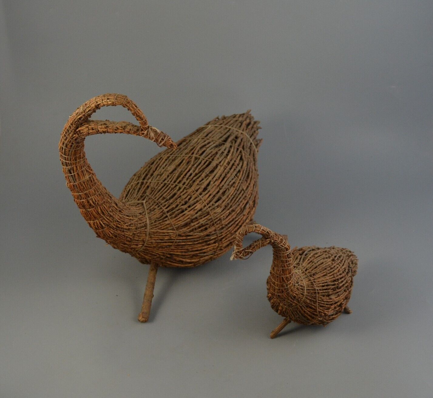 2 Cree Indian Handmade Duck Goose Decoys - Tamarack Twig Sculpture Folk Art