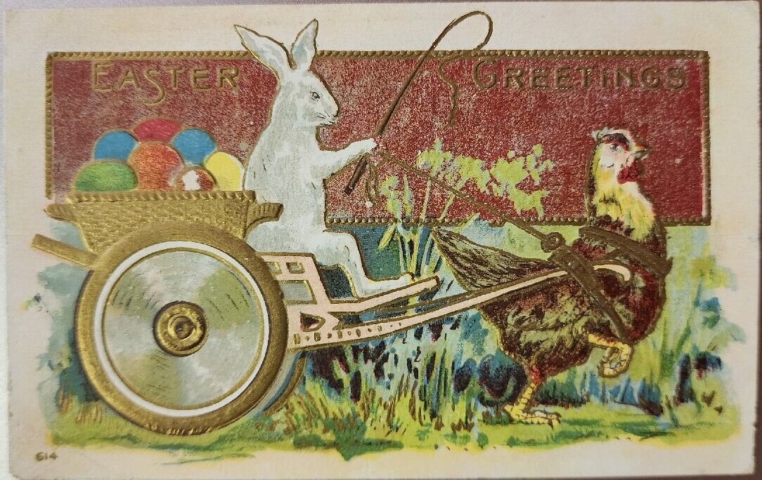 Easter Greetings, Anthropomorphic Rabbit In Wagon, Early 1900s Vintage