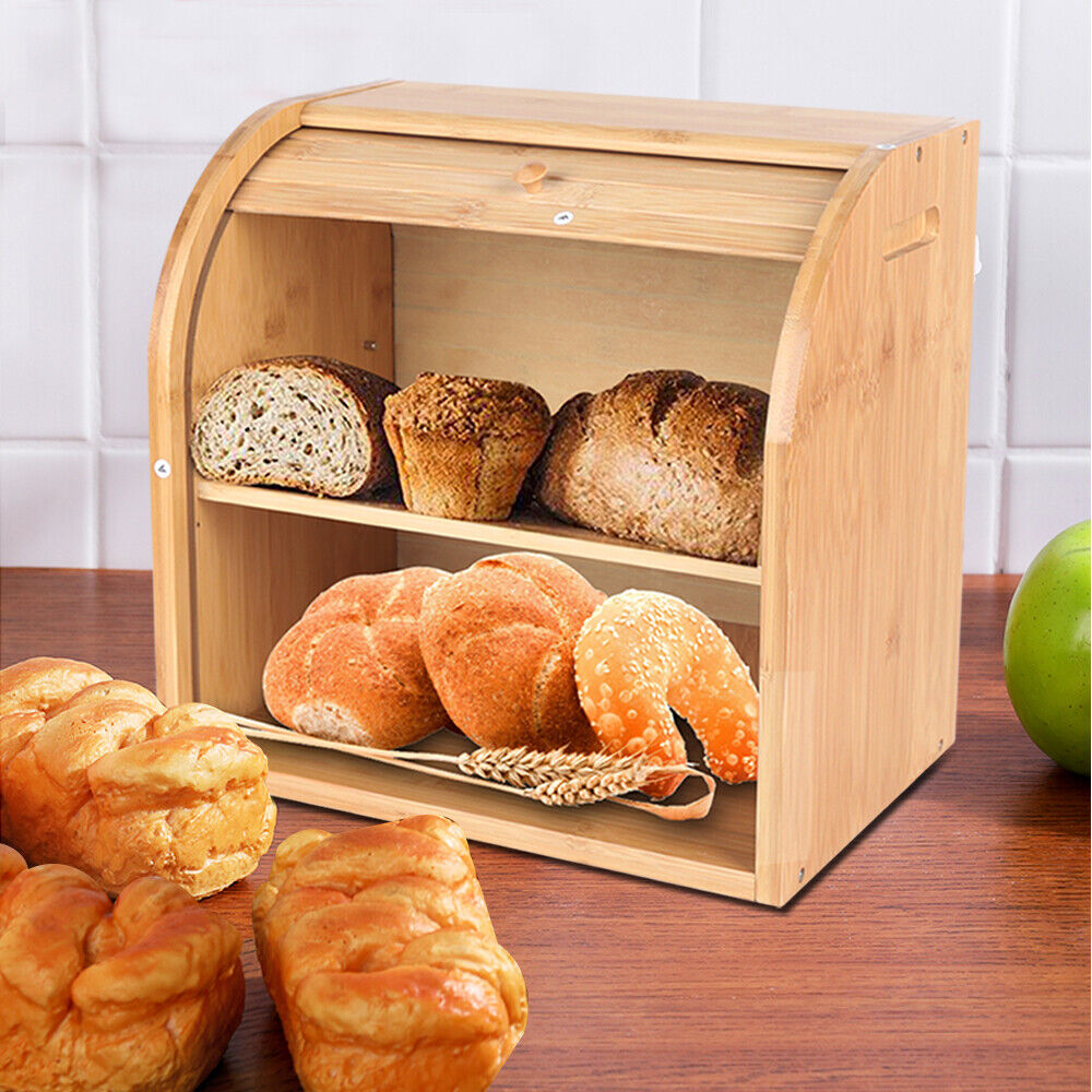 2-Layer Large Capacity Bamboo Bread Box Kitchen Food Storage Box Container
