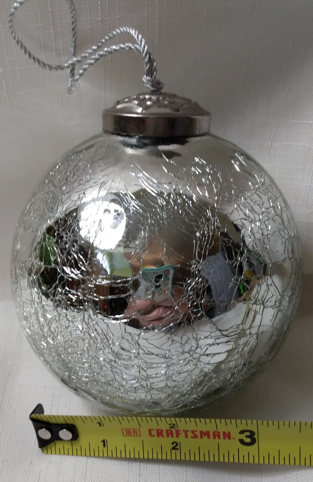Vtg Heavy Mercury Crackle Glass Silver Christmas Ornament Mirrored Kugel Style