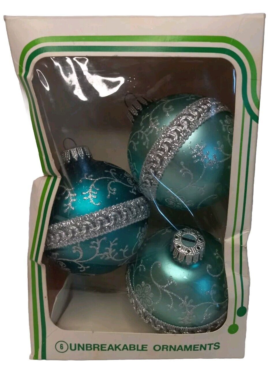 Vintage Aqua/Silver Glitter/Lace Trim Germany Glass Ball Ornaments Christmas