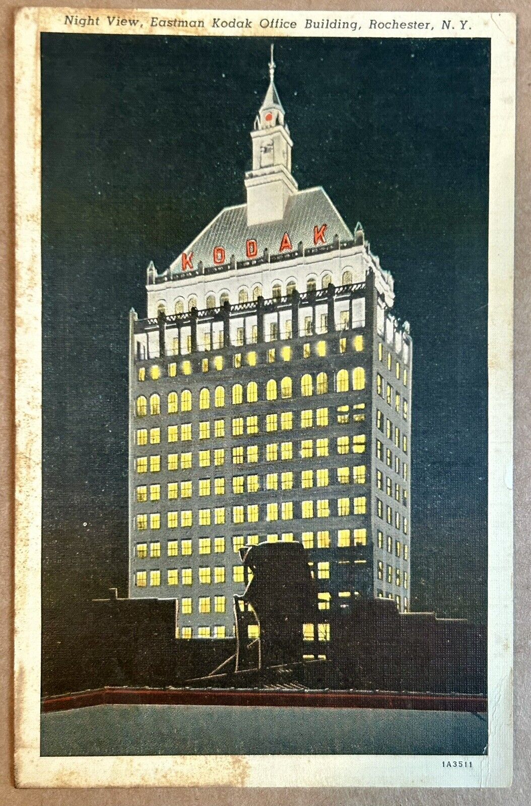 Night View, Eastman Kodak Office Building, Rochester New York Vintage Postcard