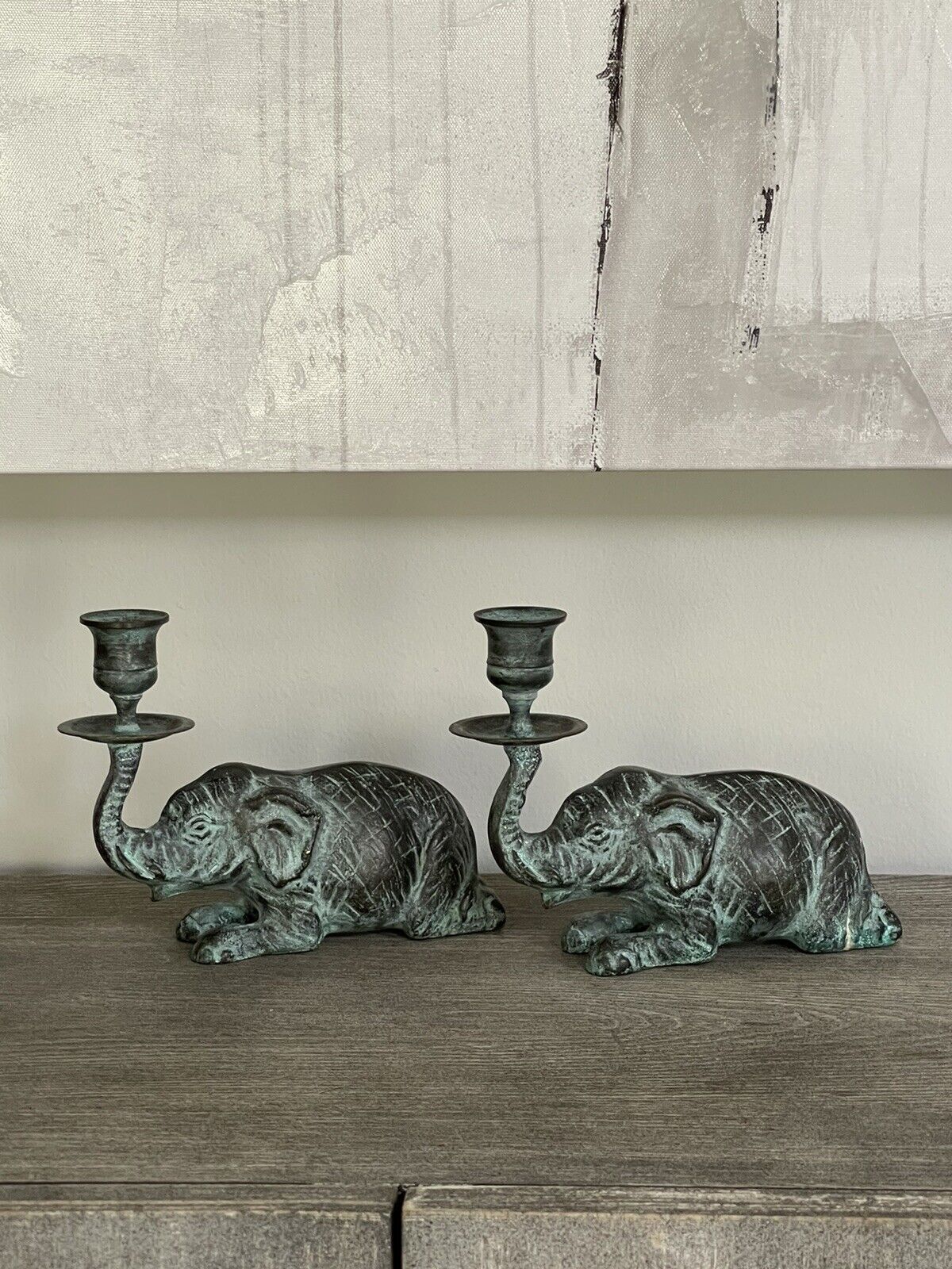 Vtg Bronze Patinated Green Metal Elephant Candle Holder pair Fortune Trunk Up