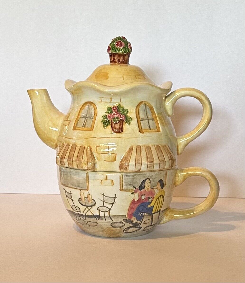BELLA CASA by GANZ  Vintage Collectors Teapot And Cup In One, French Cafe Theme