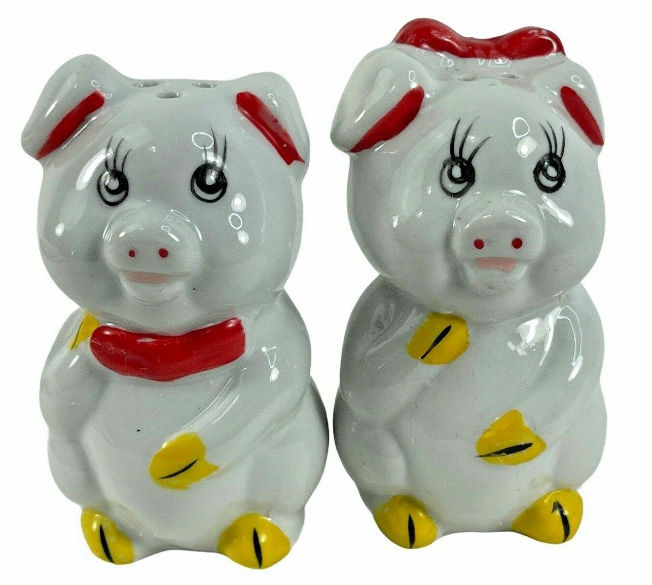 Vintage Pigs His Hers Boy Girl Mr Mrs Bow Red Yellow Salt and Pepper Shakers  