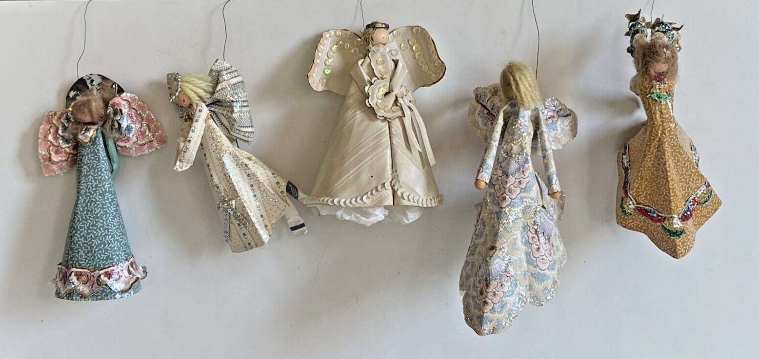VINTAGE Handcrafted Paper Doll Angel Ornament Lot of 5