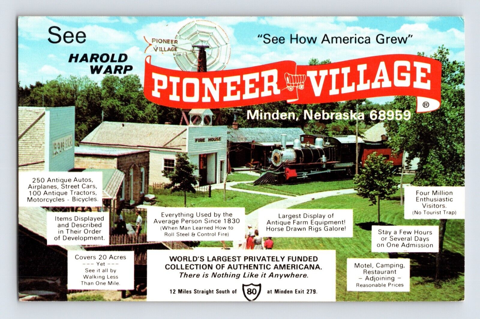 Postcard Nebraska Minden NE Pioneer Village Highway 80 1960s Unposted Chrome