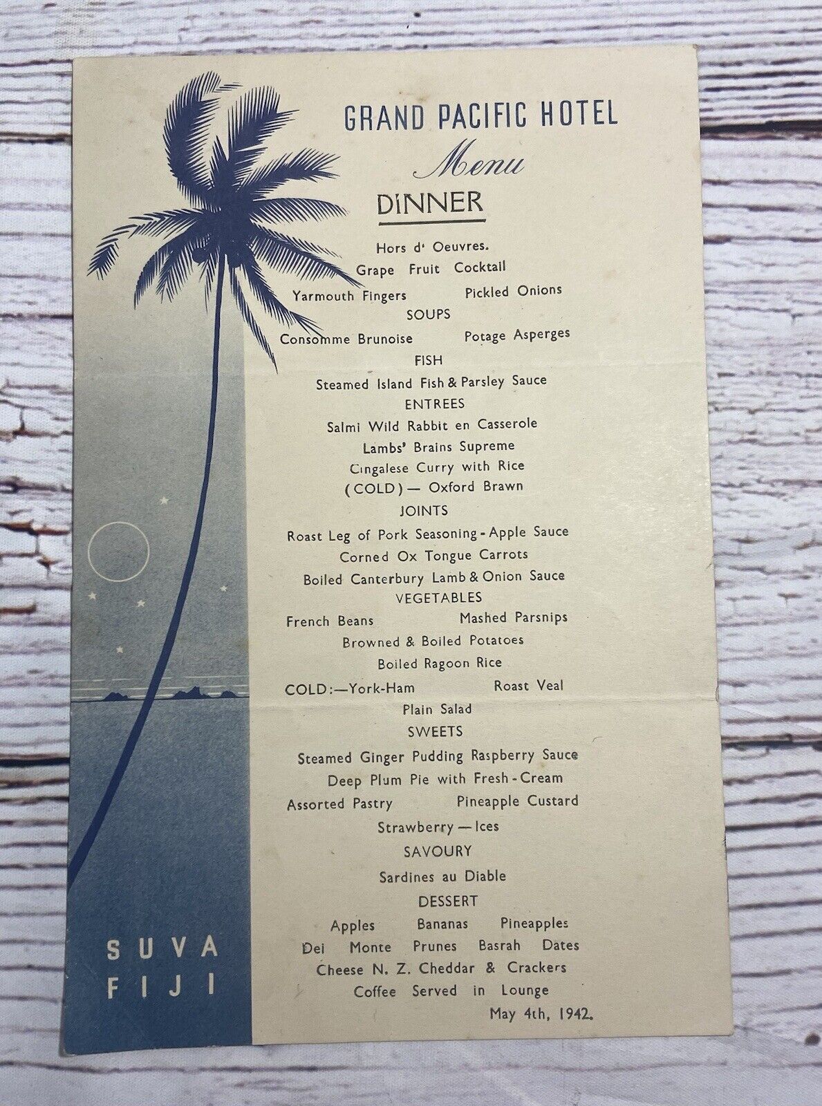 Vintage Original WWII GRAND PACIFIC HOTEL SUVA FIJI Dinner Menu May 4, 1942