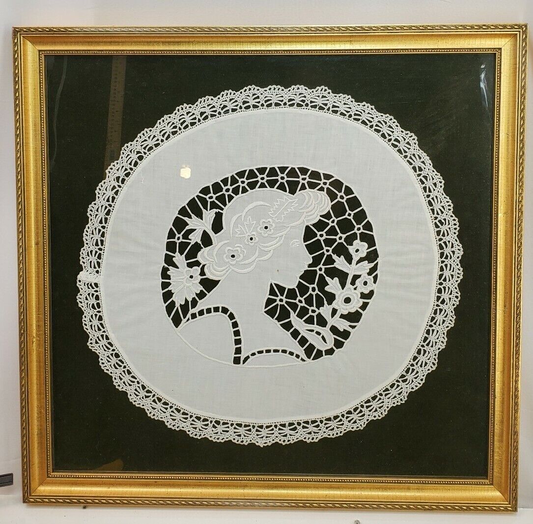 MAZING VTG Hand-made Cutwork Lace Embroidery Doily Art Woman Silhouette