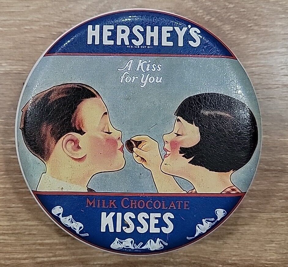 Vintage 1982 HERSHEY'S Round Collectible Tin Can metal Girl Gives Boy a Kiss 