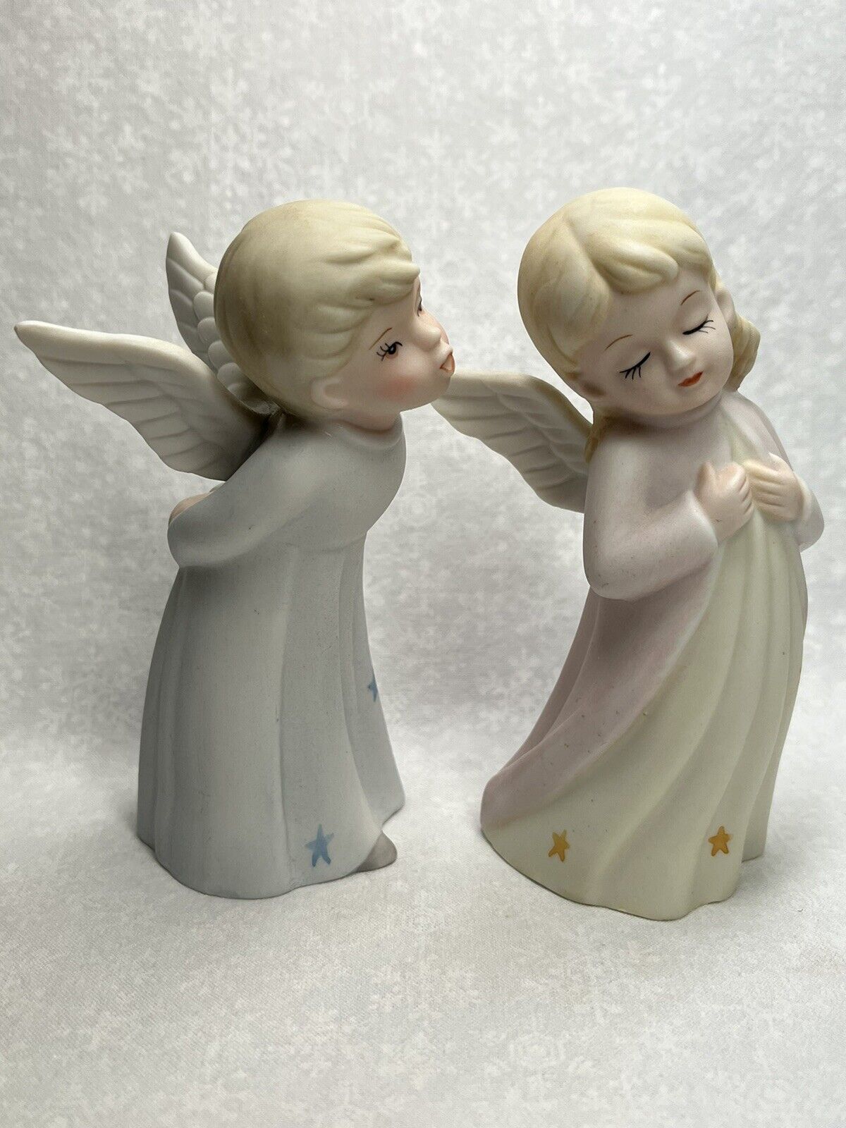 Geo Z Lefton China Angels Kissing Figurines 1990 Boy Girl Stars Porcelain 07701