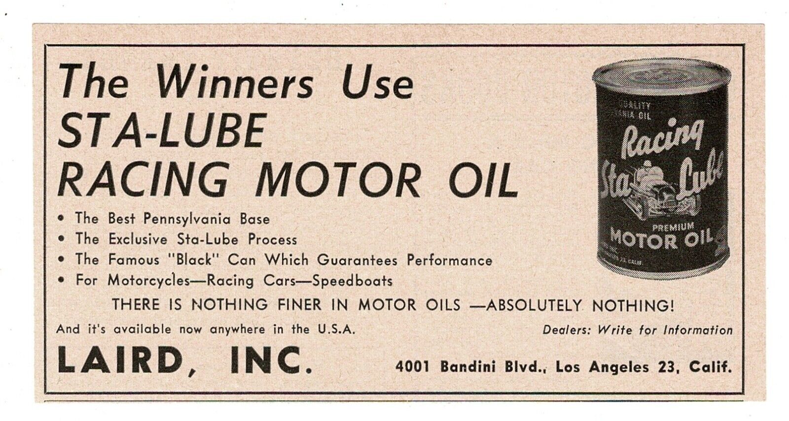 1951 Sta-Lube Racing Motor Oli Laird Inc Los Angeles CA Vintage Print Ad