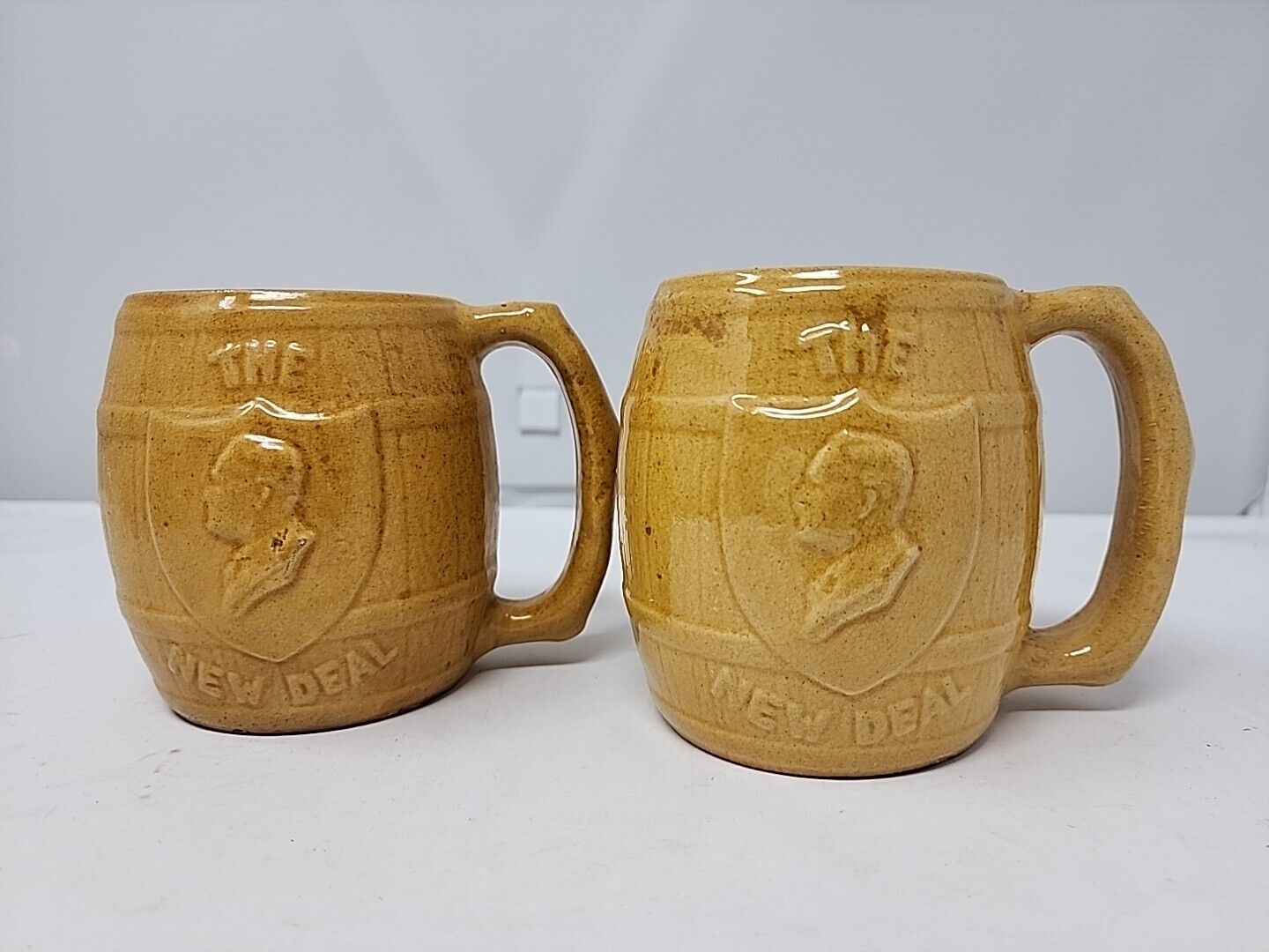 (2) FDR The New Deal Ceramic Barrel Mugs Prohibition Franklin D Roosevelt 1930s