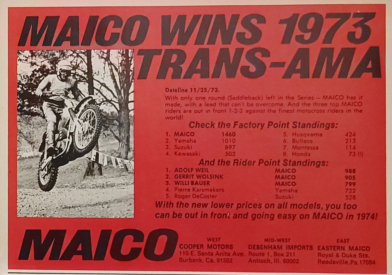 1973 Maico Motorcycle wins Trans Ama Print Ad