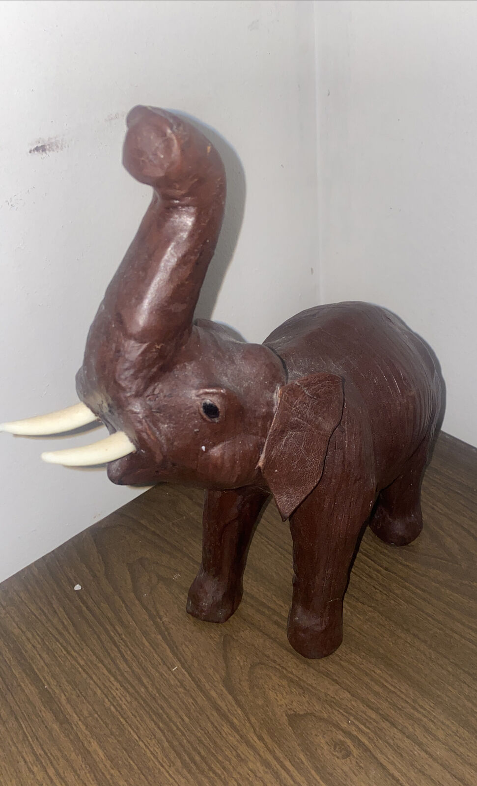 VTG Brown Leather Elephant Sculpture Figurine 12in Tall Distinct Display Decor