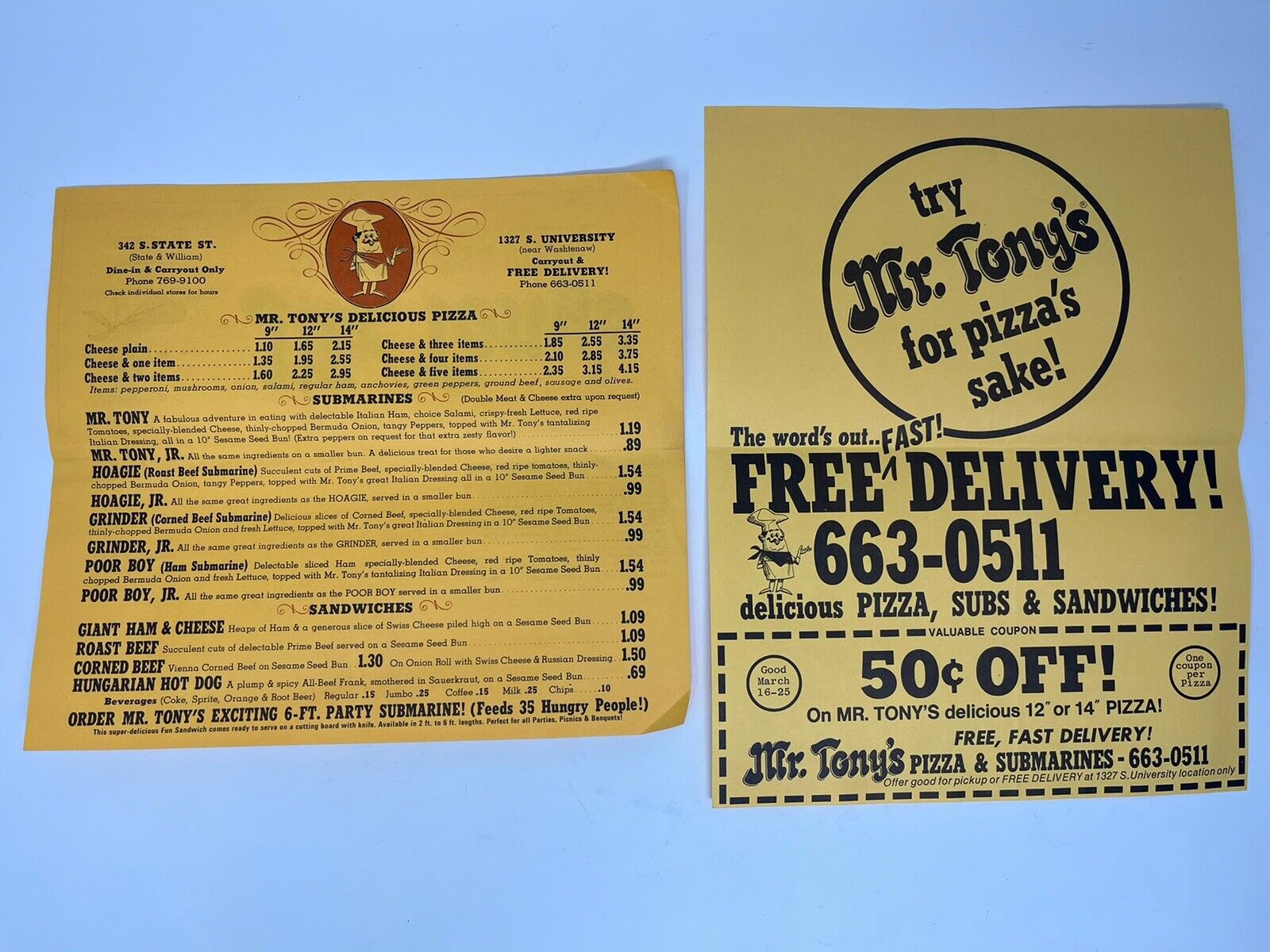 Vintage 1970s, 1980s Tony’s Pizza Menu And Ad, Mr. Tony’s Pizza, Detroit, MI