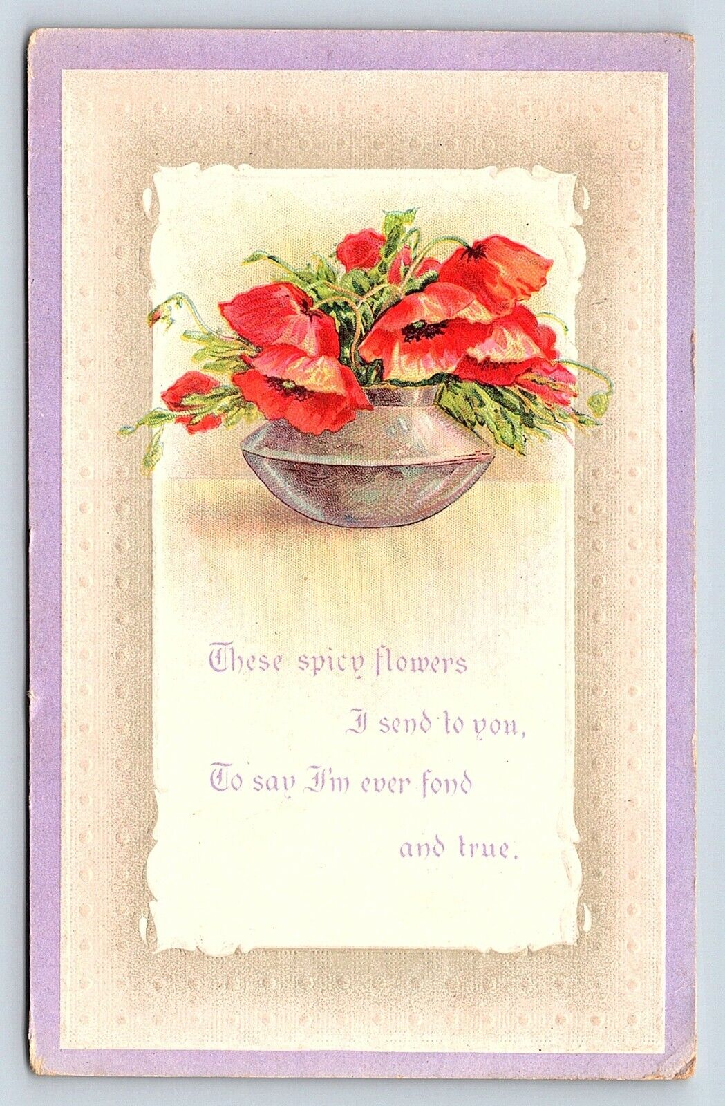 1912 Antique Greetings Postcard Red Poppies These Spicy Flowers Embossed Old A26