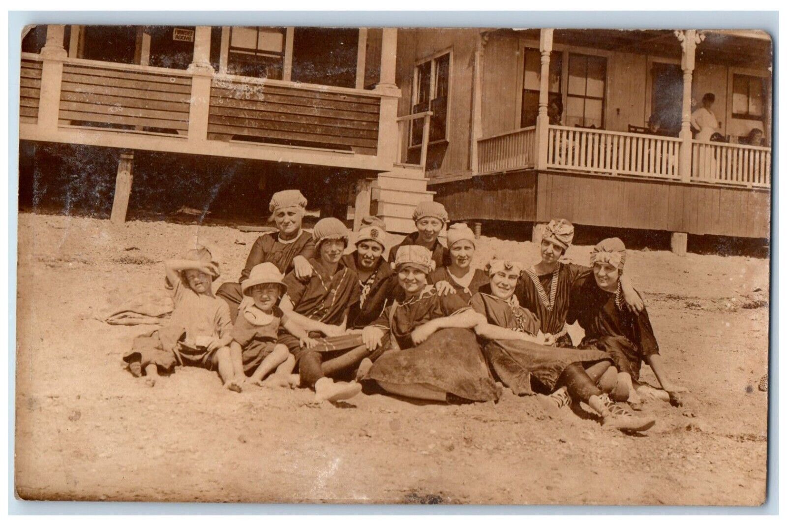 c1910\'s Beach Cottages Swimming Bonnet Hat Unposted Antique RPPC Photo Postcard