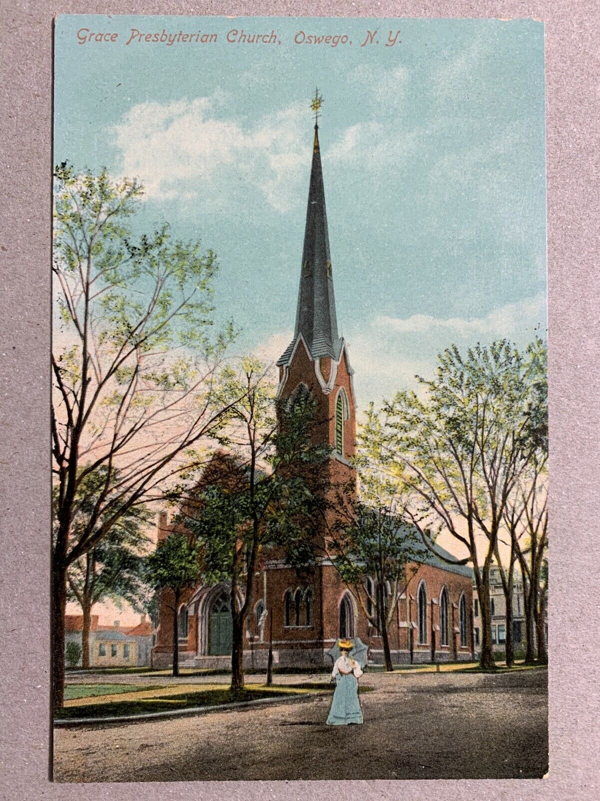 Postcard Oswego NY - Grace Presbyterian Church Woman with Umbrella