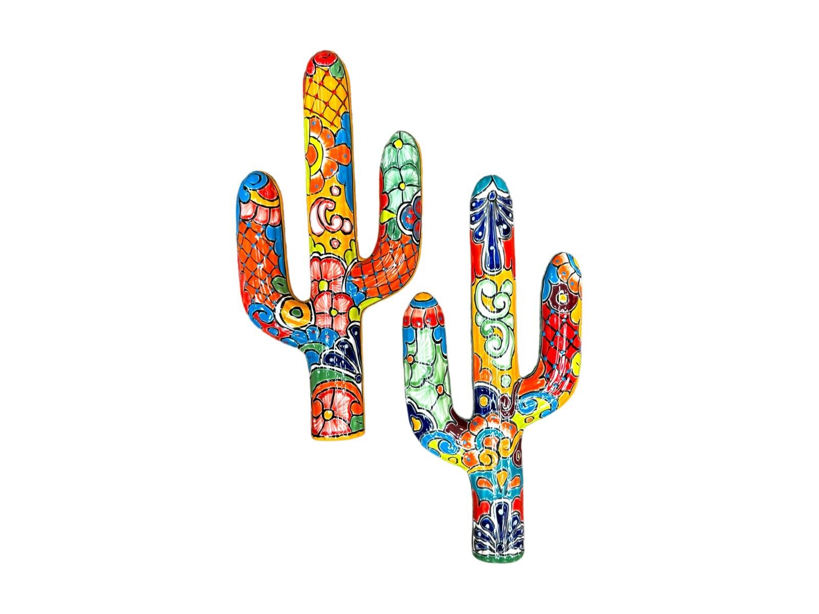 Talavera Wall Cactus (2) Folk Art Mexican Pottery Home Decor Multicolor 19\