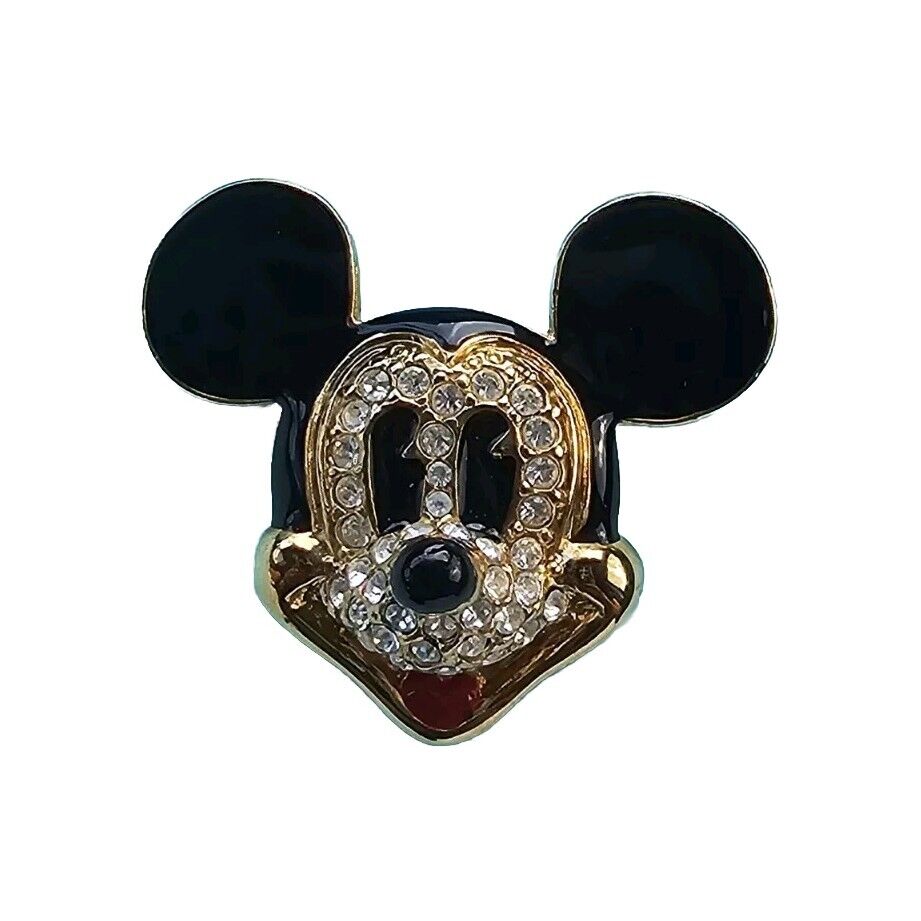 VTG Disney Mickey Mouse Brooch Pin Crystal & Enamel - Gold Tone