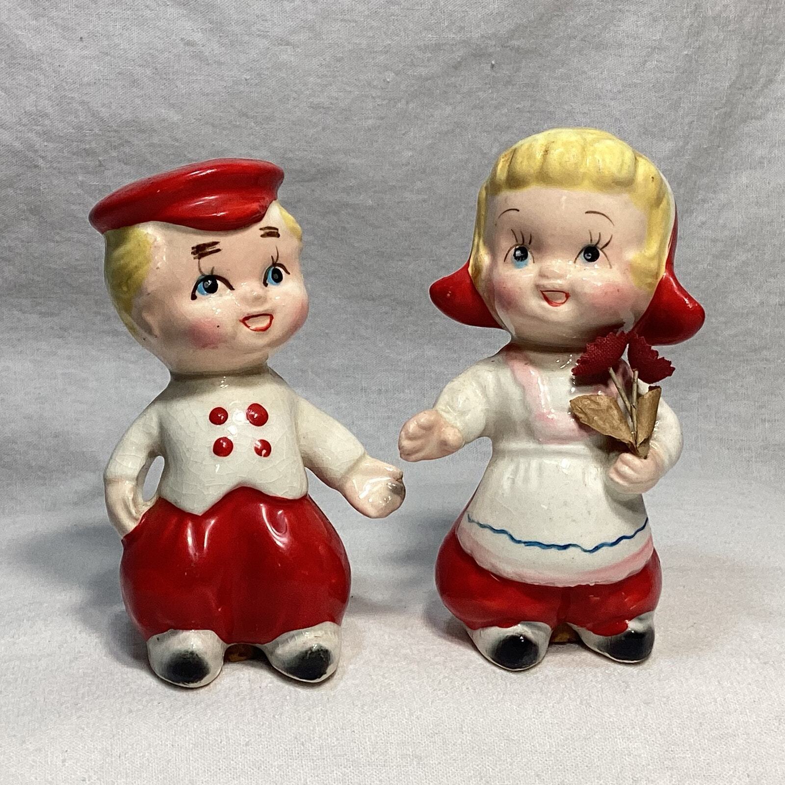 Vintage Dutch Boy & Girl with Flowers Salt and Pepper Shakers