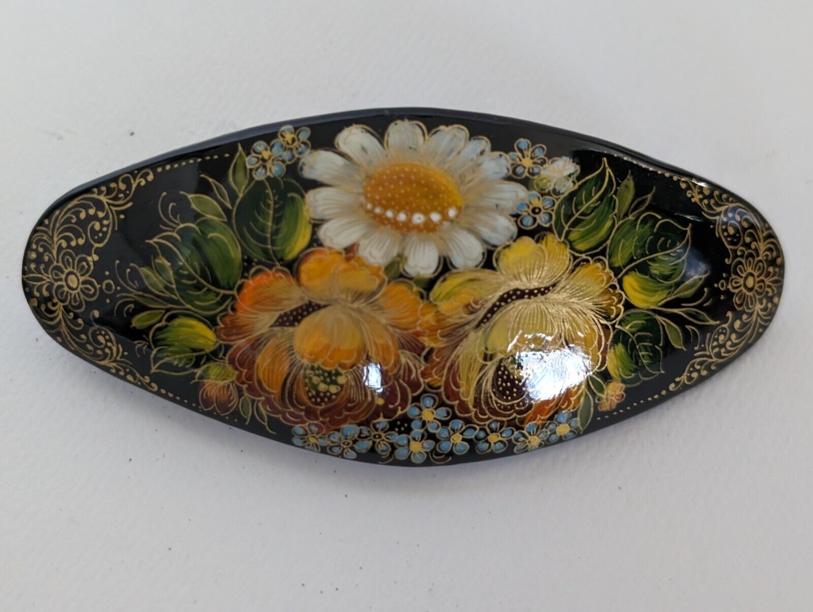 VTG Russian Hand Painted & Signed Hair Clip Daisy Black BIG