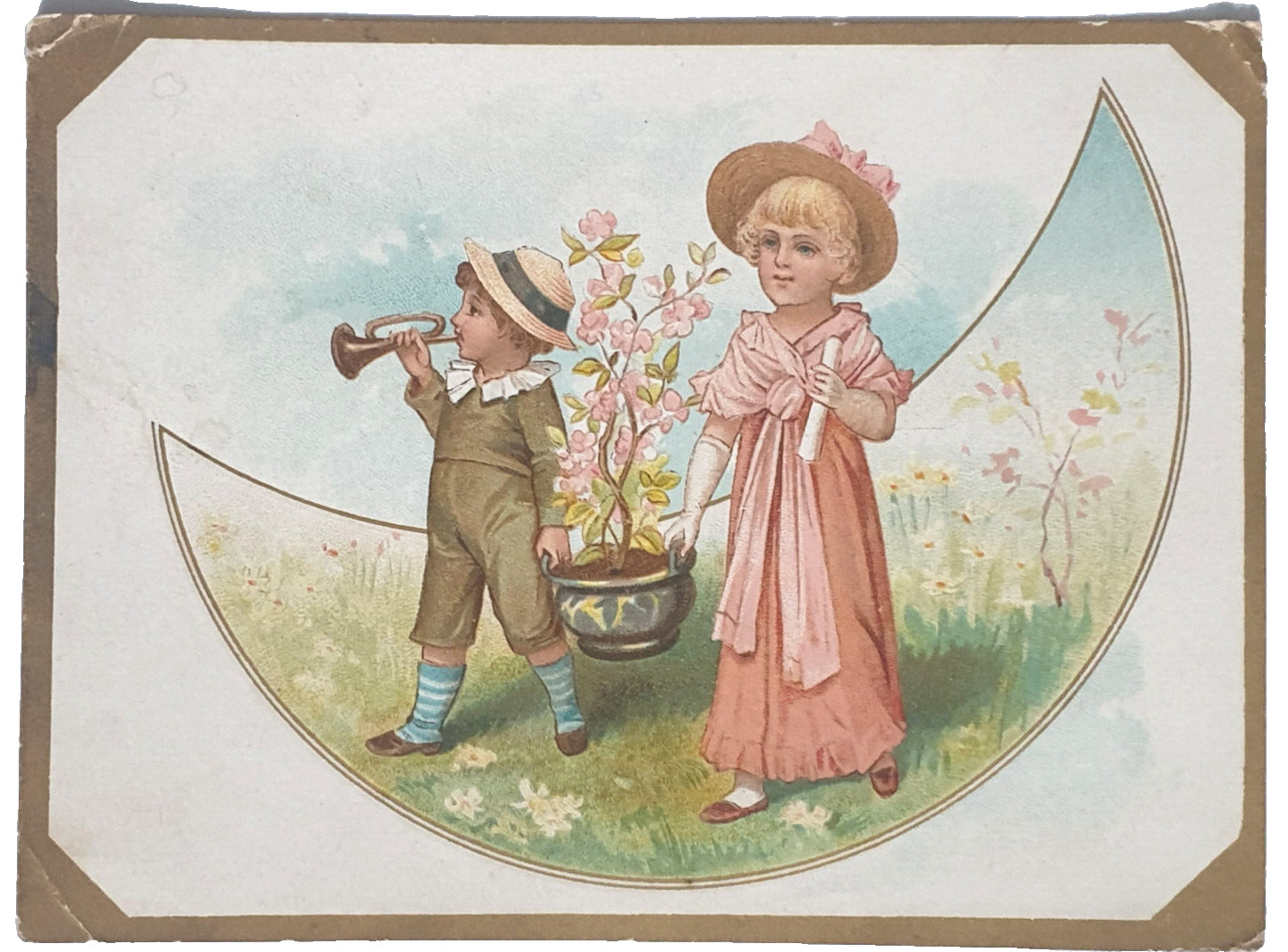 Antique Victorian Easter Card Boy & Girl Trumpet Playing Pink Flowers Moon LOVE