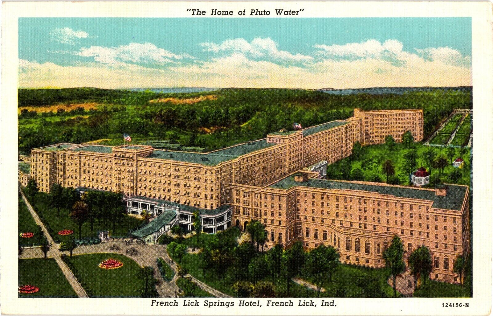 French Lick Springs Hotel Home of Pluto Water Indiana Linen Unused Postcard 1928